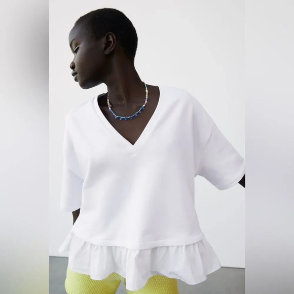 ZARA Short Sleeve V-Neck Peplum Top‎ in White - Picture 1 of 13